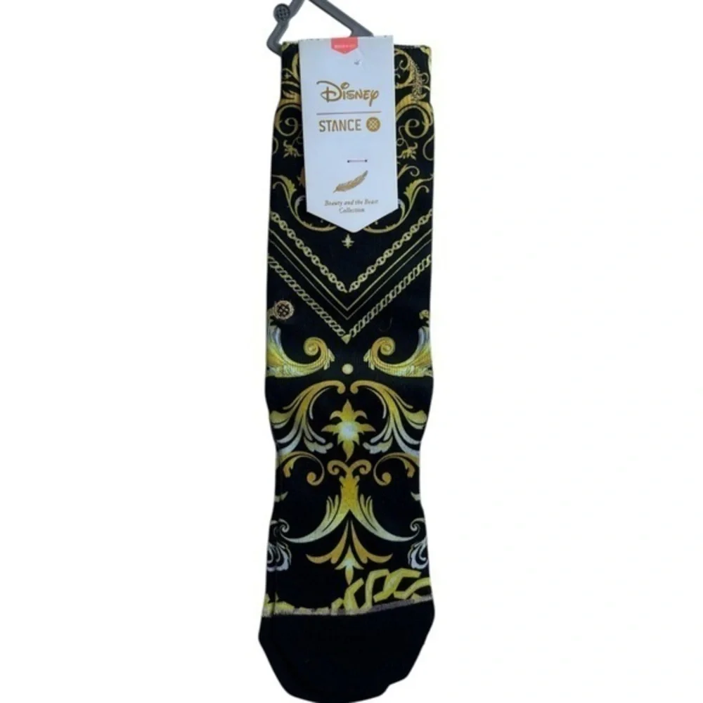 NWT DISNEY Stance Black and Gold Baroque Crew Socks beauty and the beast
